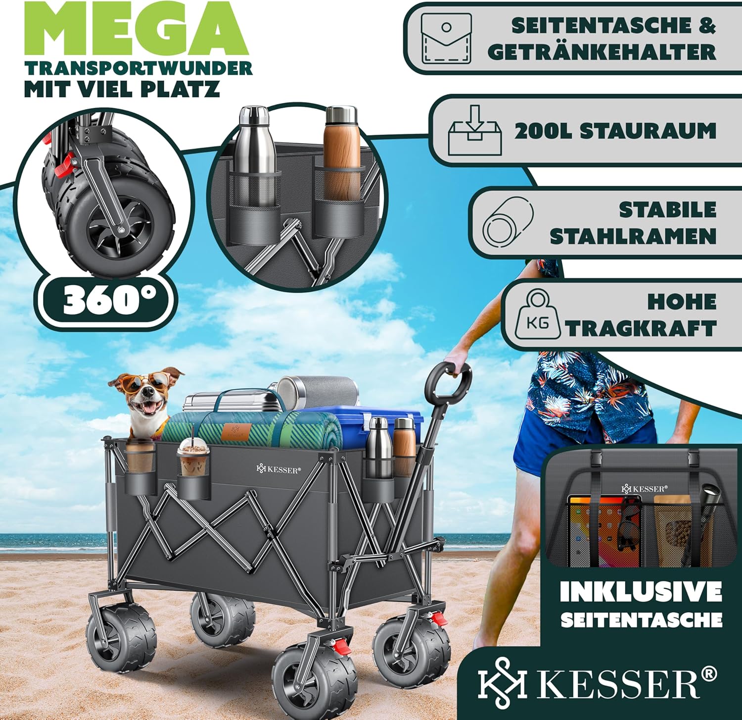 KESSER® Bolderkar, GTR9000, handwagen, 200 kg, 300 liter, opvouwbaar, brede 360° luchtwielen en parkeerremmen, weerbestendig, strandwagen, incl. afdekking, zijzak en bekerhouder