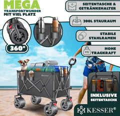 KESSER® Bolderkar, GTR9000, handwagen, 200 kg, 300 liter, opvouwbaar, brede 360° luchtwielen en parkeerremmen, weerbestendig, strandwagen, incl. afdekking, zijzak en bekerhouder