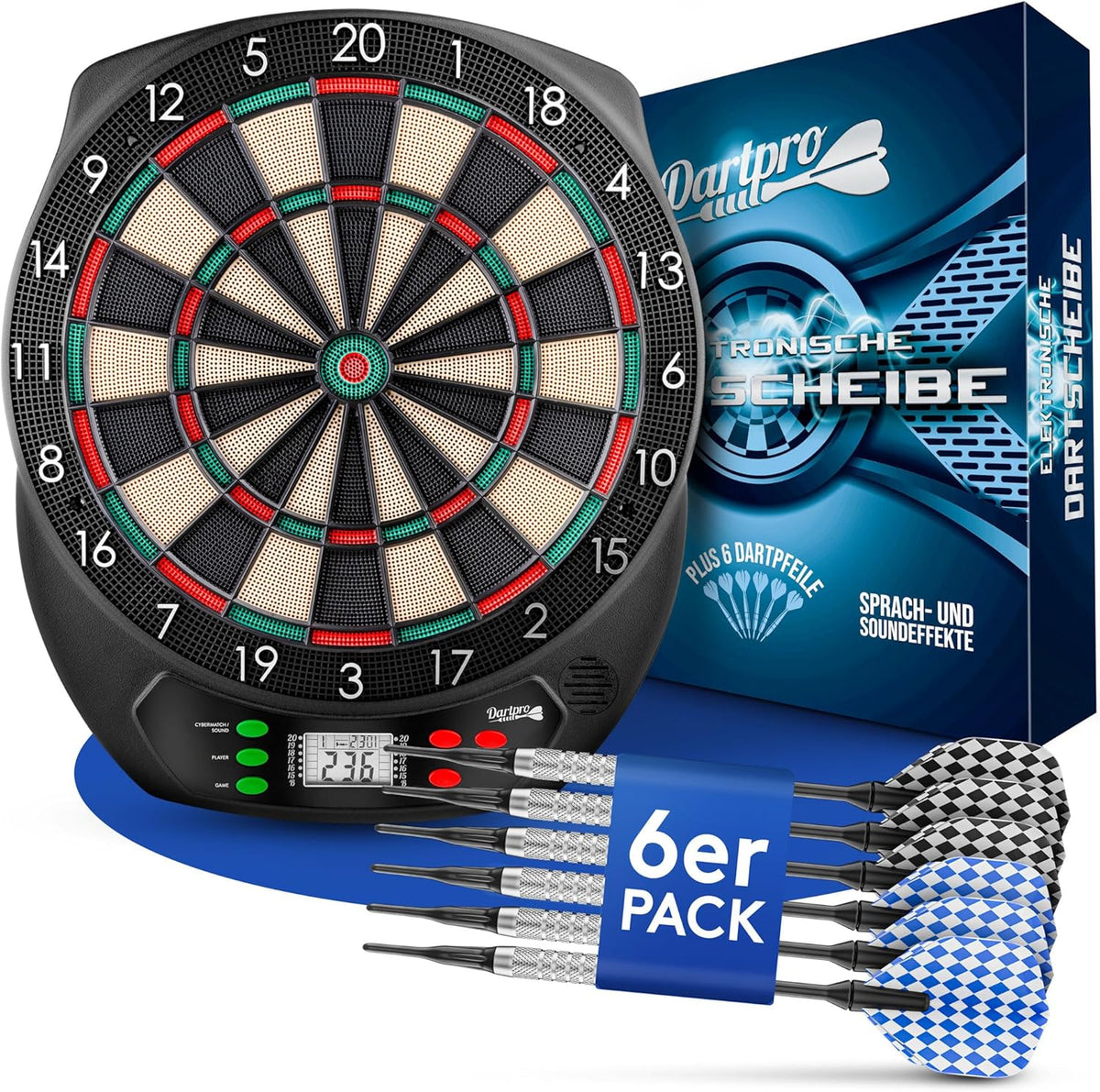 DartPro Het origineel: elektronisch dartbord professioneel dartbord met 6 darts [draadloos te gebruiken] Innovatief dartautomaat met 65 varianten, double in en double-out, voor 1 tot 8 spelers •