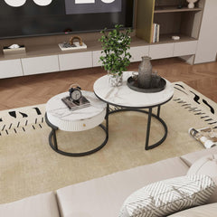Amveya Salontafel rond met opbergruimte, salontafel set van 2, bijzettafels voor woonkamer, woonkamer tafel in marmerlook, Zwart