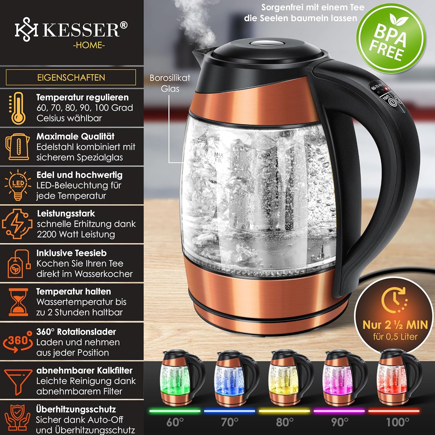 Waterkoker met temperatuurregeling - RVS - met LED - 1.8L - 2200W - Koper