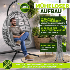 tillvex® Hangstoel met frame, outdoor en weerbestendige afdekking incl. bevestiging, inklapbare hangmand tot 150 kg, hangstoel van rotan, hangstoel voor binnen, tuin, balkon, terras (grijs)