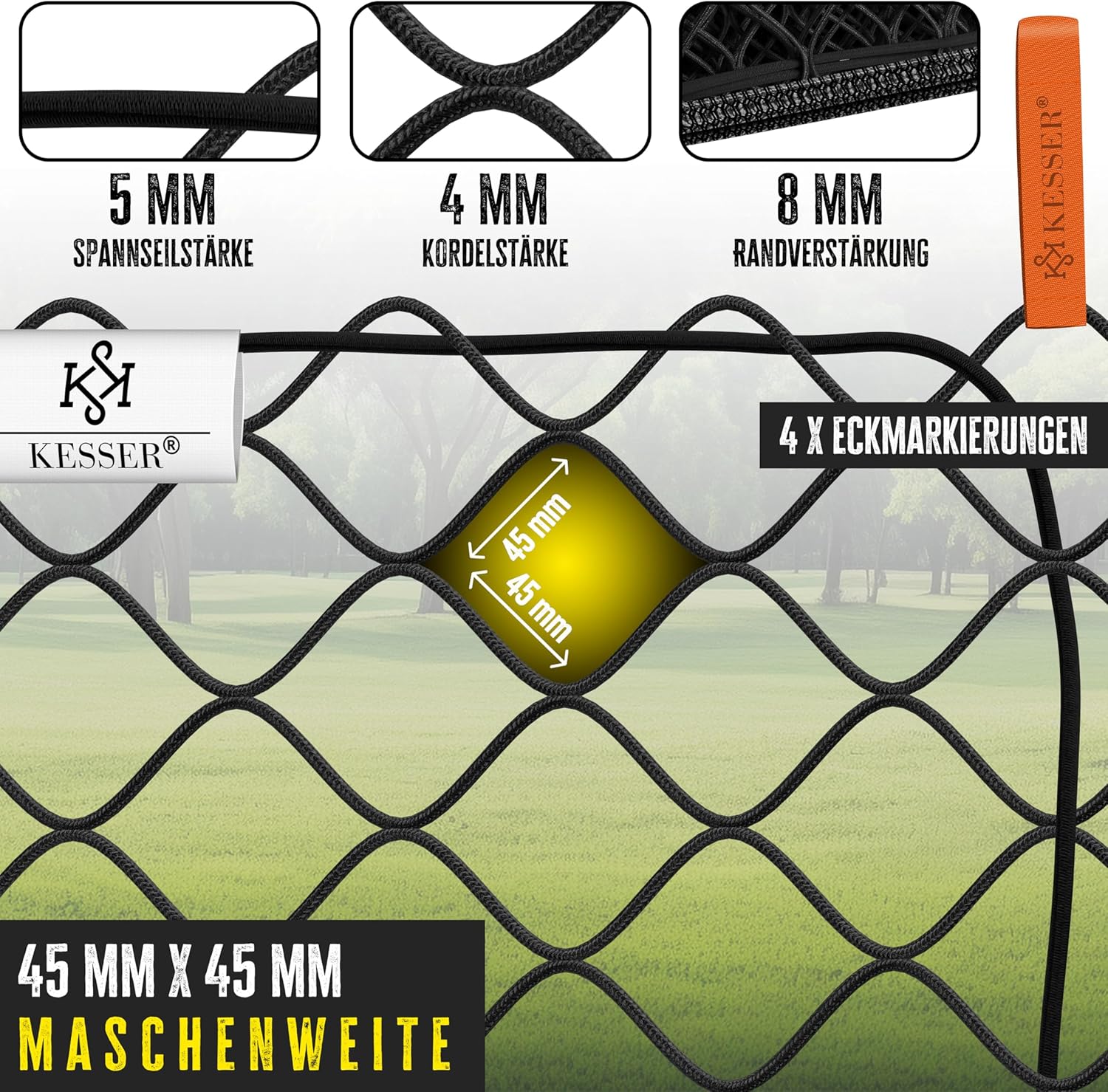 KESSER® Aanhangernet, 2 x 3 m, fijnmazig | aanhangernet met spankabel en netkoord, containernet voor het vastzetten van lading, veiligheidsnet, hoekmarkeringen, expanderhaken en bevestigingsknoppen