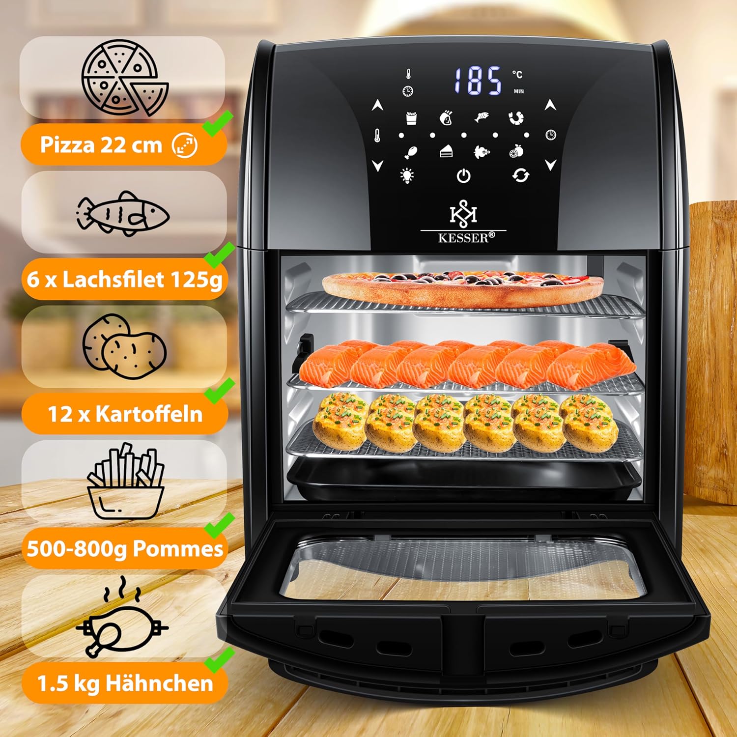 KESSER® XXL Airfryer - 9-in-1 - Heteluchtfriteuse - 1800W - Zwart •
