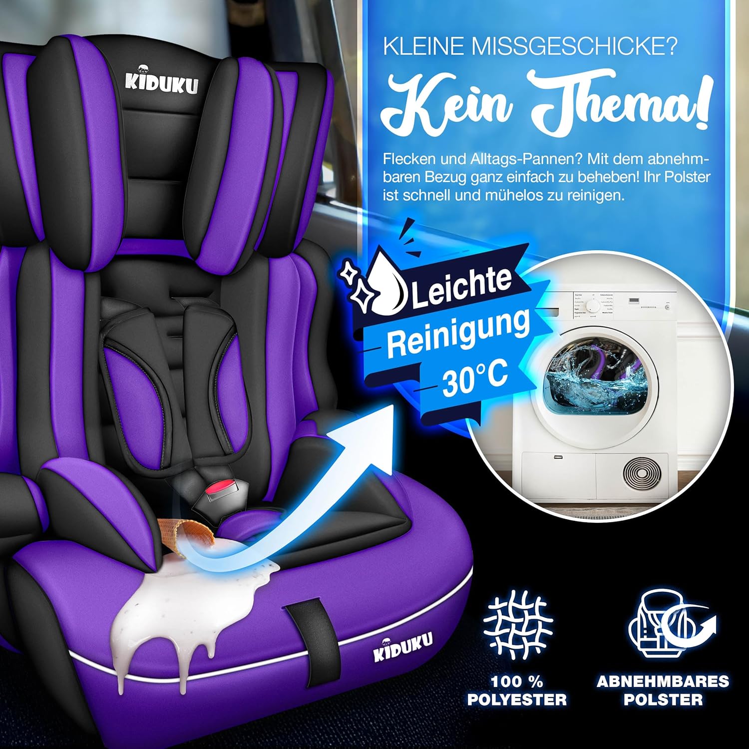 KIDUKU® Kinderzitje, 9-36 kg (1-12 jaar) met onderlegger voor kinderzitje, ECE R129/03, groep 1/2/3, autostoel, zwart/lila