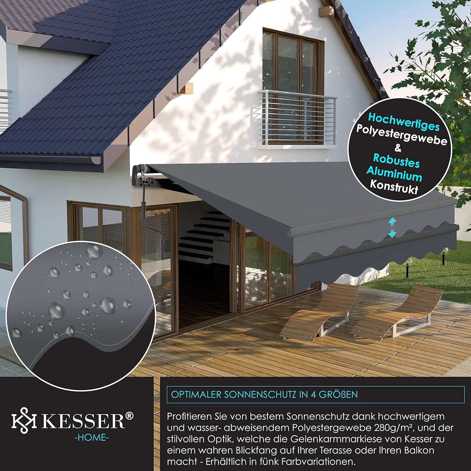 KESSER® Luifel - Zonnescherm - 300x250cm - Antraciet