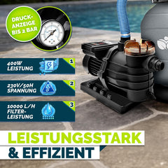 tillvex Zandfilterinstallatie zwembad met timer 10 m³/h incl. 800 g filterballen | filterinstallatie 7-weg ventiel & 2-in-1 adapter Ø 32 mm - 38 mm | zwembadfilter met drukweergave