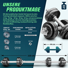 RE:SPORT 2-in-1 halterset, 60 kg, halterset van gietijzer, verstelbaar, korte halter en lange halter, stersluitingen en verbindingsbuis