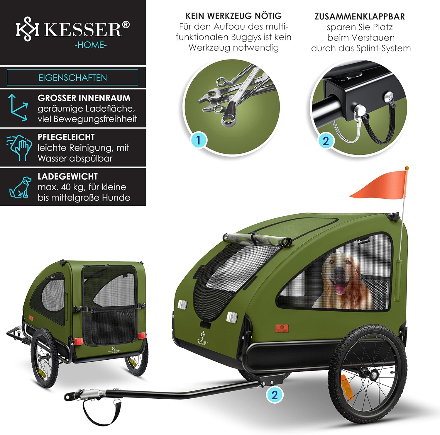 KESSER® Hundeanhänger Boxer 2-in-1 Hundebuggy Fahrradanhänger groß ca. 250L Volumen - Inkl. Fahne und Tasche - 600D Oxford Canvas, Klappbar SmartSpace Concept, max. 45kg