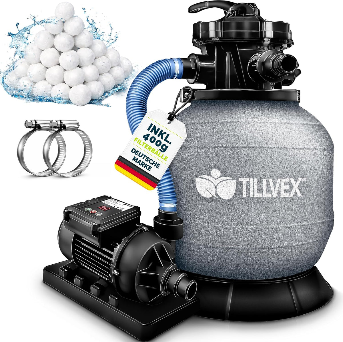 tillvex® Zandfilterinstallatie zwembad met timer 7.900L/u incl. 400g filterballen | Filterinstallatie 7-weg ventiel & 2in1 adapter Ø32mm - 38mm | zwembadfilter met drukweergave zandfilter zwembad - met timer