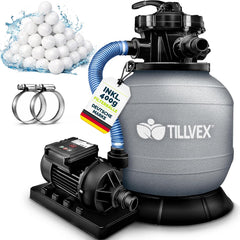tillvex® Zandfilterinstallatie zwembad met timer 7.900L/u incl. 400g filterballen | Filterinstallatie 7-weg ventiel & 2in1 adapter Ø32mm - 38mm | zwembadfilter met drukweergave zandfilter zwembad - met timer