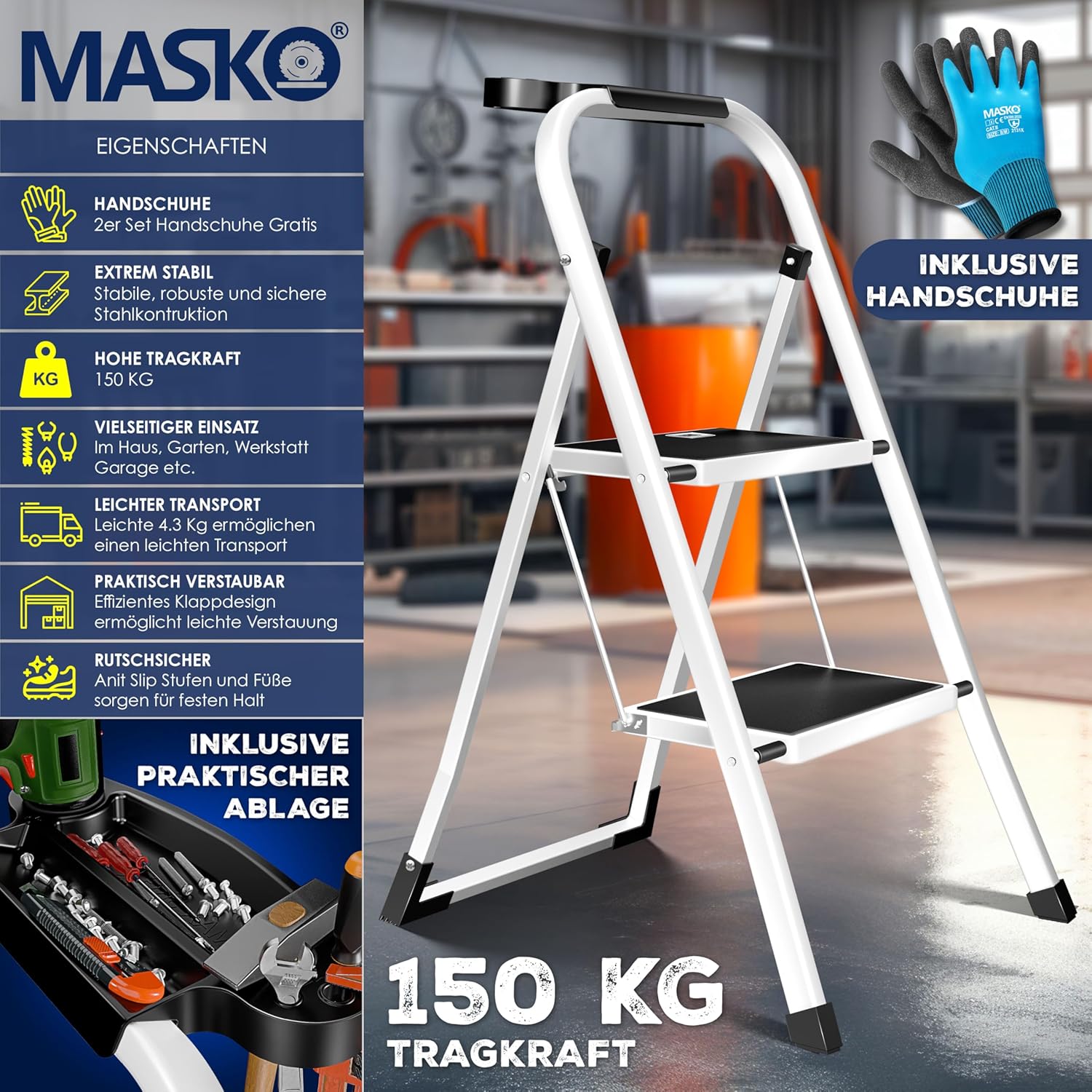 MASKO® Trapladder, vouwladder met 2 treden, belastbaar tot 150 kg, antislip, incl. handschoenen, gereedschapshouder en automatisch slot, wit