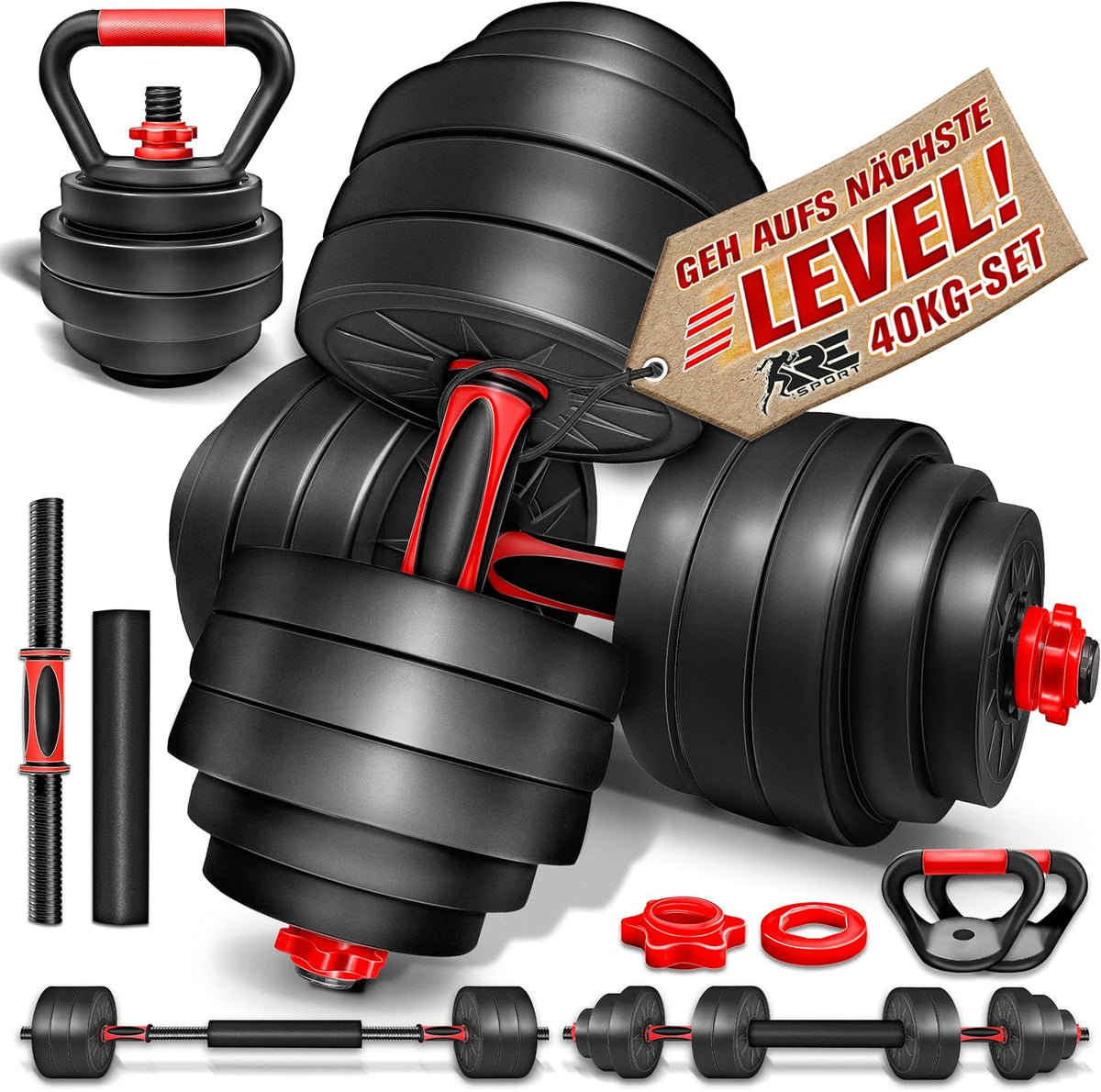 Dumbells set - Gewichten set - Halterset - Verstelbaar - 40 kg - Rood - RE:SPORT