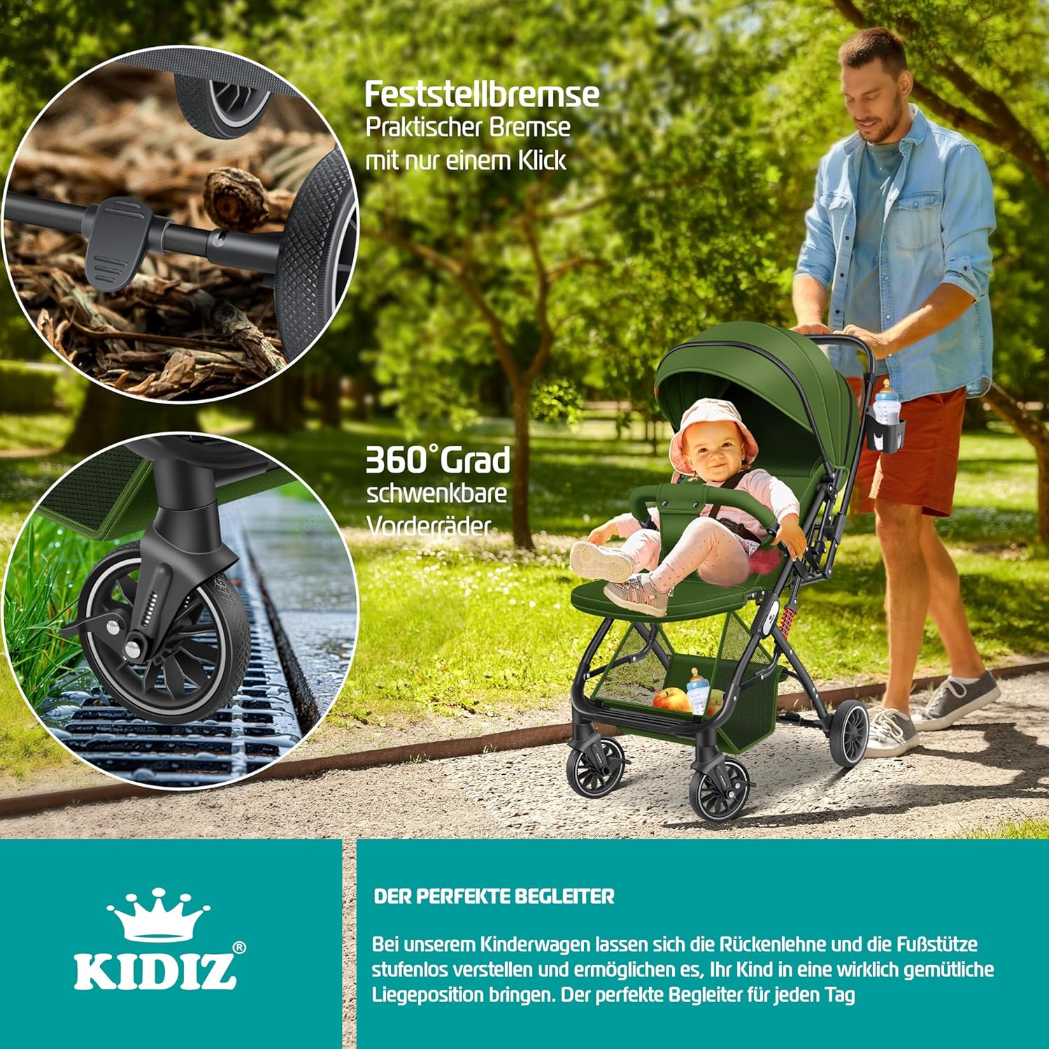 KIDIZ® Kinderwagen kinderbuggy opvouwbare ligbuggy sportwagen opvouwbaar 360° wielen 5-punts gordel incl. voetenzak, drankhouder, regenhoes & muggennet verstelbare rugleuning & zonnekap
