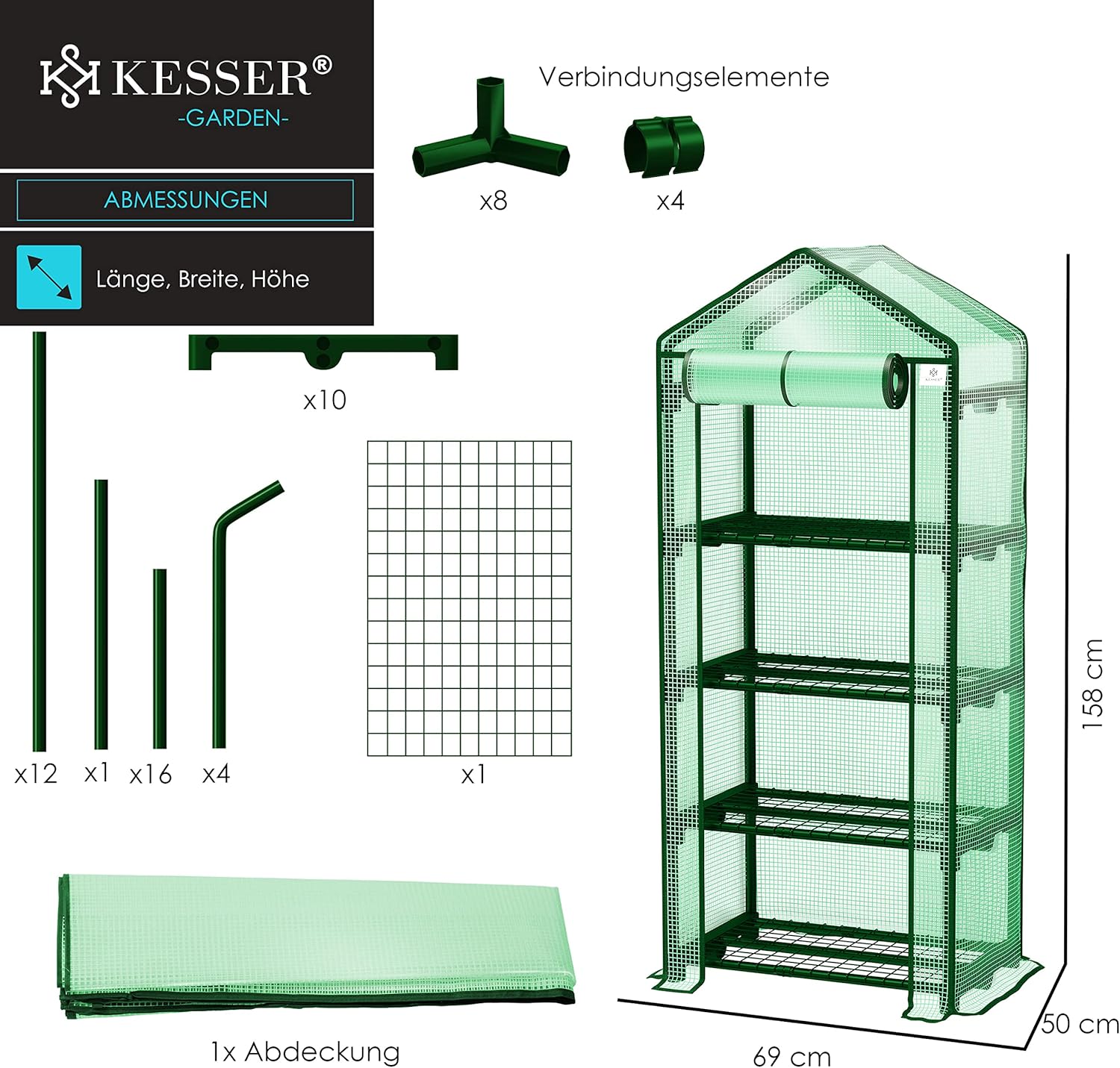 KESSER® Premium foliekas, broeikas met 4 etages, 69 x 50 x 158 cm, broeikas met 4 planken, ruimtebesparend, hoogwaardig kweekhuis, tuin, balkon, stabiel en eenvoudig te monteren