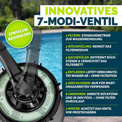 tillvex® Zandfilterinstallatie zwembad met timer 7.900L/u incl. 400g filterballen | Filterinstallatie 7-weg ventiel & 2in1 adapter Ø32mm - 38mm | zwembadfilter met drukweergave zandfilter zwembad - met timer
