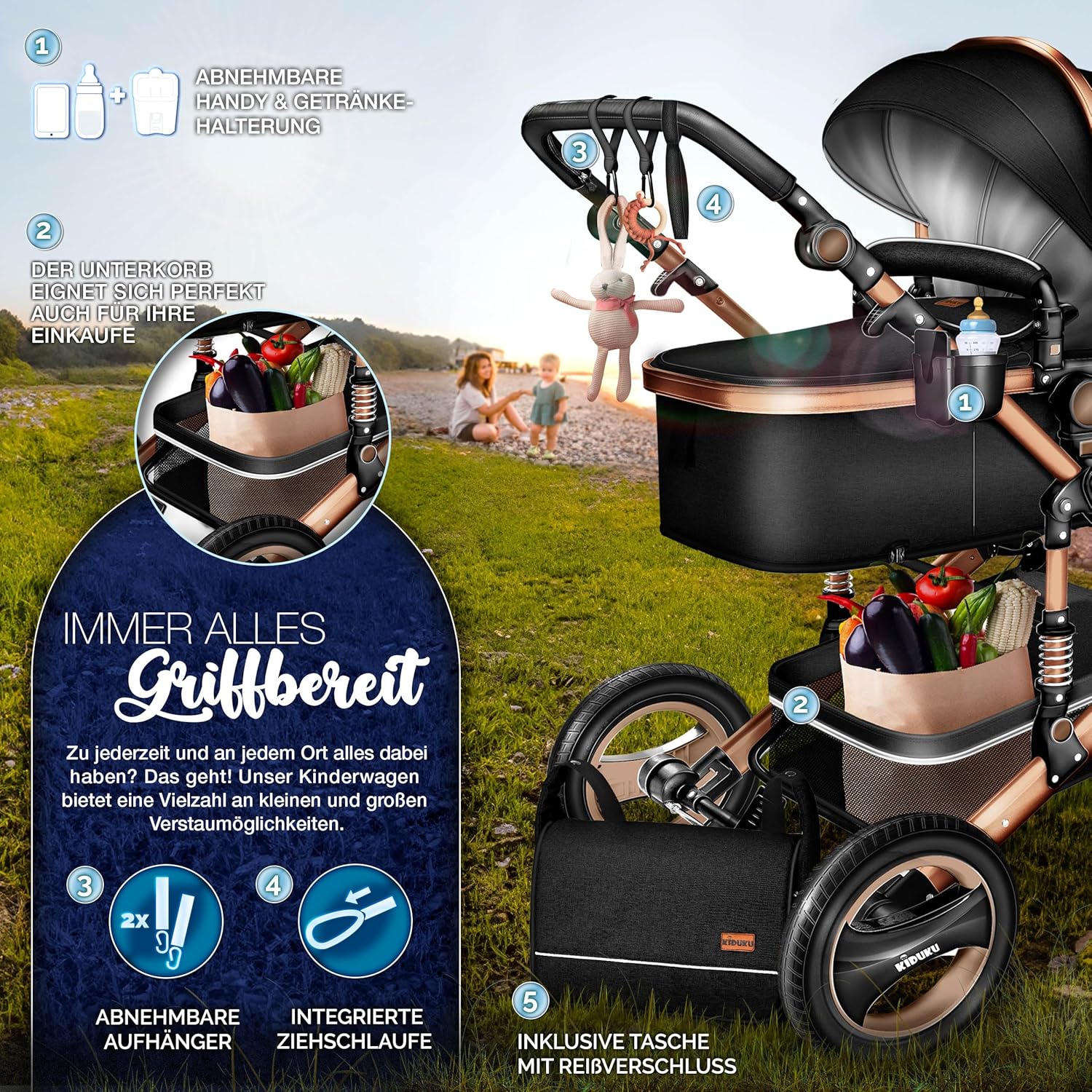 Kinderwagen 3 in 1 - Buggy - Wandelwagen - Kinderbuggy - Champagne - KIDUKU®