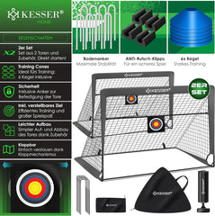 KESSER® Voetbaldoel voor kinderen, pop-up set van 2, 120 x 90 cm,  opvouwbaar, met glasvezelstangen en hoogwaardige doelnetten voor binnen, buiten en tuin, met transporttas, 6 x hoedjes, balpomp, schietschijf