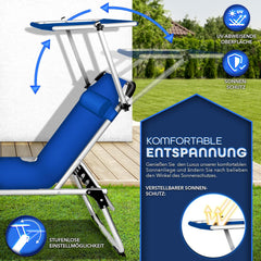 tillvex® Zonneligstoel met dak en hoofdkussen, opvouwbare ligstoel, strandstoel met verstelbare rugleuning, aluminium ligstoel, blauw