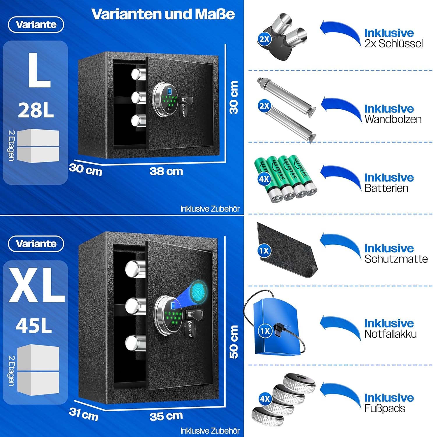 KESSER® Elektrische kluis met vingerafdruk & sleutel XL | incl. noodbatterij | elektronische kluis | 3x dubbele boutvergrendeling | vloer wandkluis | meubelkluis | pantserkast cijferslot zwart