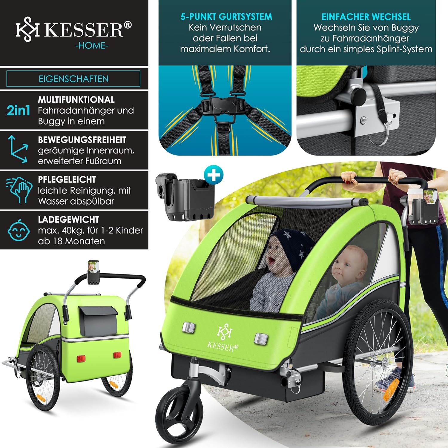 KESSER® Fietsaanhanger - Kinderaanhanger - Max. 40kg - Groen