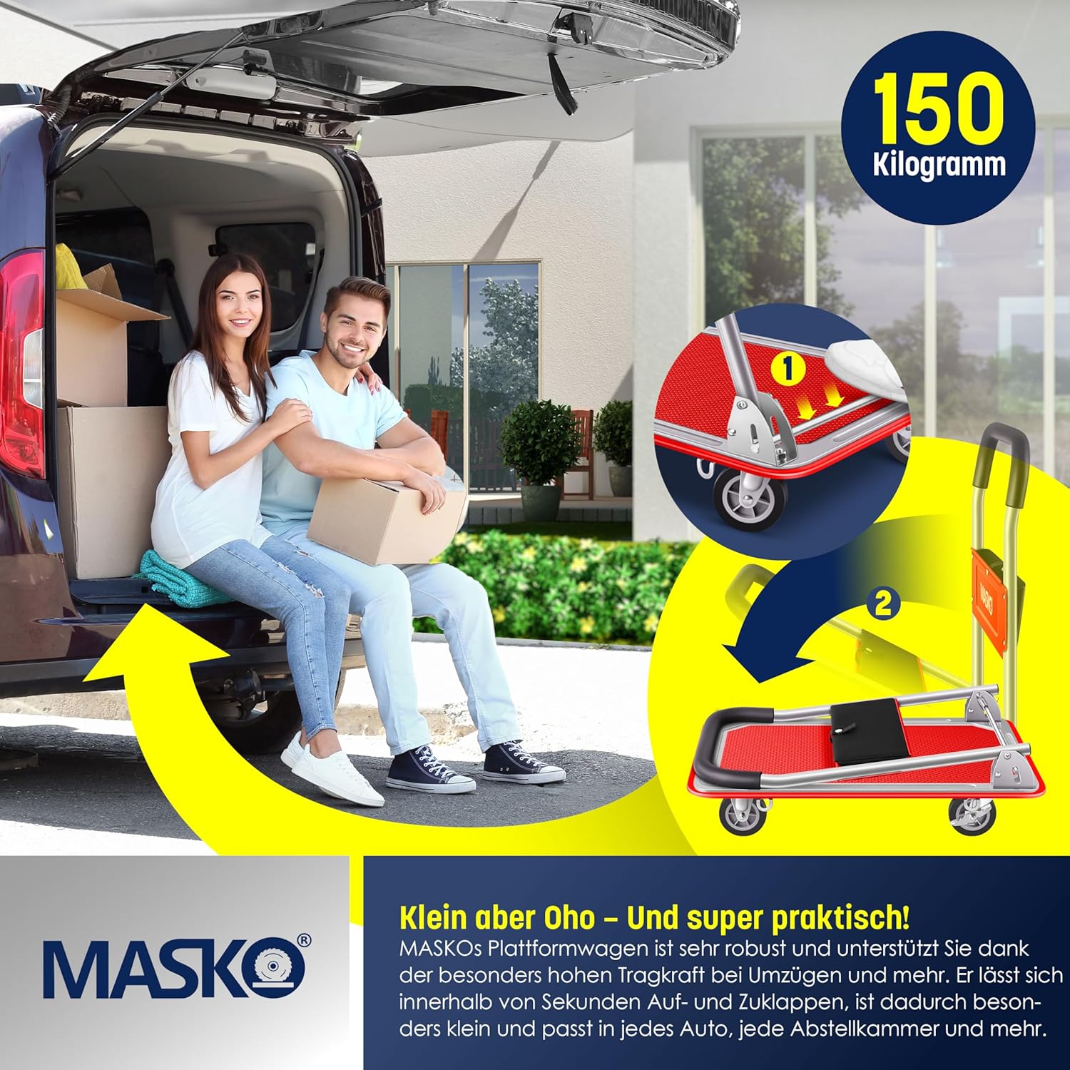 MASKO® Platformwagen, transportwagen, magazijnwagen, inklapbaar, incl. werkhandschoenen, parkeerrem, transporthulp, met 6 veiligheidsogen, 360° zwenkwielen, pakketwagen vouwwagen (rood, 150 kg)