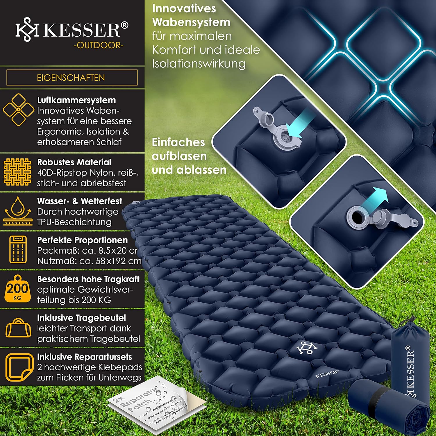 Luchtbed - 1 Persoons - Camping matras - Opblaasbed - Blauw - KESSER®