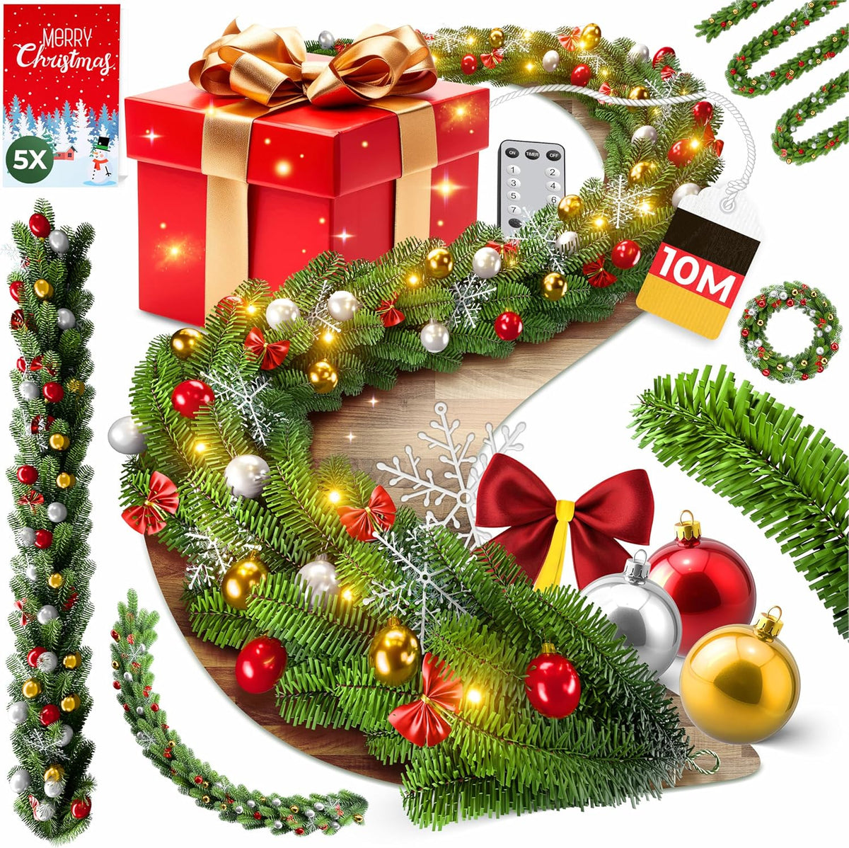 KESSER Kerstslinger 10 m met verlichting, 200 leds, timer, led-ketting, 8 lichtmodi, kerstverlichting, kerstdecoratie voor binnen en buiten, dennenslinger incl. afstandsbediening + decoratieve