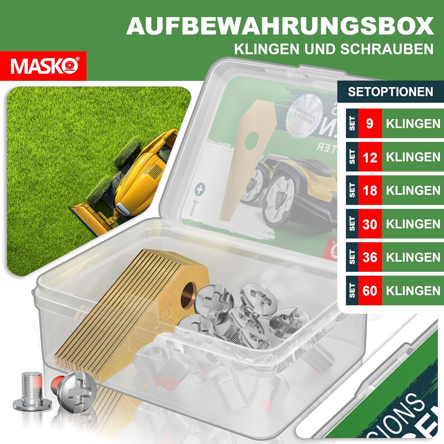 MASKO® Reservemesjes voor robotmaaiers, universeel incl. innovatieve schroeven, reservemessen voor robotmaaier, duurzame titanium coating, compatibel met Bosch, 12 stuks