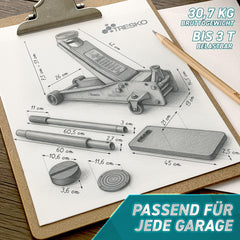 TRESKO Hydraulische krik 3T hefhoogte 75-510 mm | Hydraulische garagekrik voor auto, plat met dubbele zuiger & 360° wielen | krik auto incl. 2 x rubberen pad, beschermingsmat, handschoenen, profielmes, rood