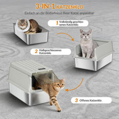 FOBYFURNY FPLB001SG1 Roestvrijstalen kattenbak met deksel, XXL, gesloten metalen kattenbak met schep en voettrede, uitneembaar, 120° klapdeksel, gemakkelijk te reinigen, crèmegrijs