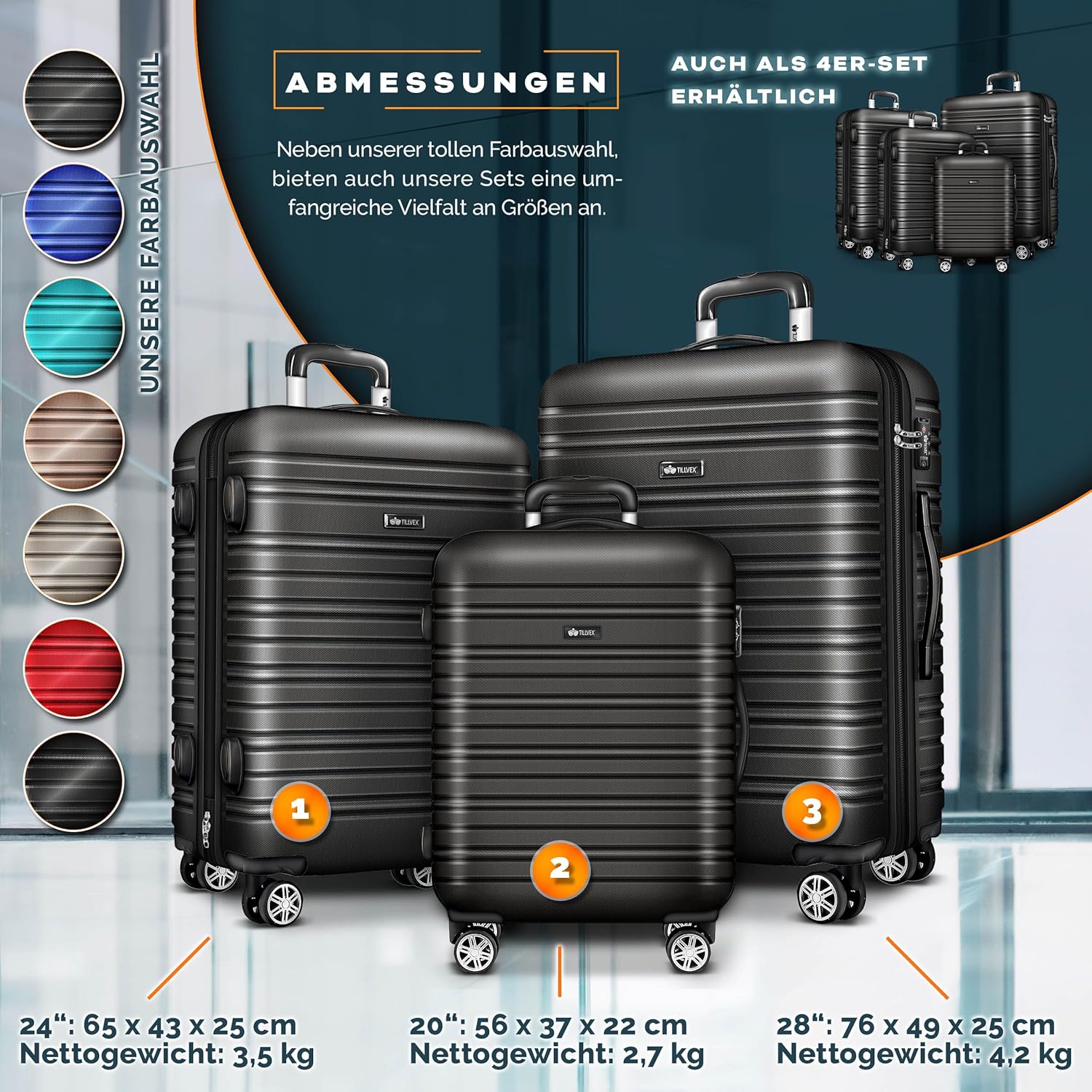 Tillvex® Reiskofferset - 3-delig - ABS- Kofferset - Grijs