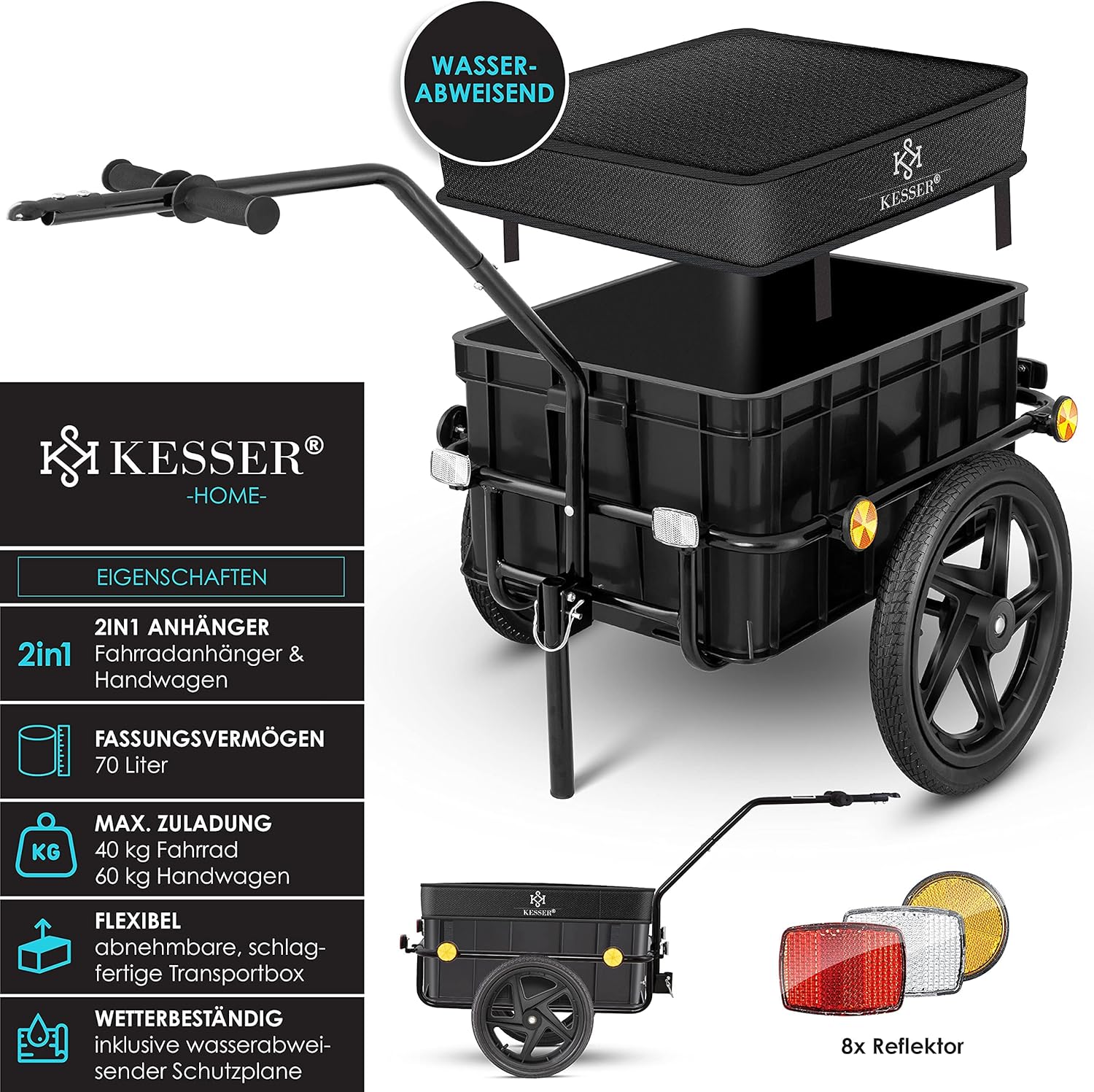 KESSER® Fietsaanhanger - Transportaanhanger - Max. 60kg - Zwart