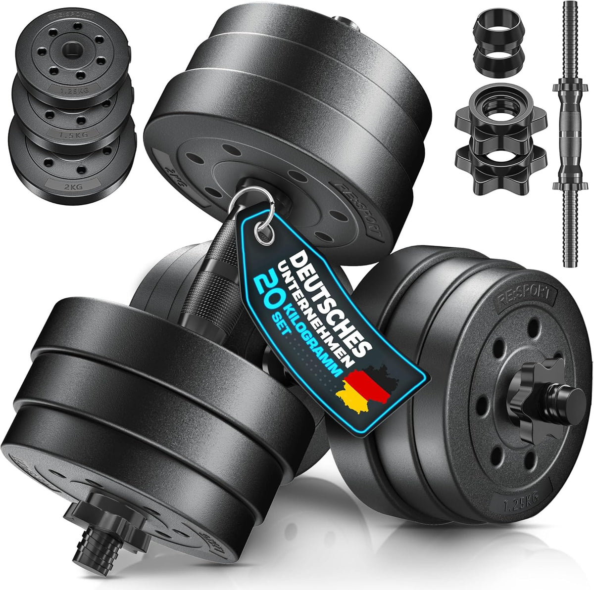 Dumbells set - Gewichten set - Halterset - Verstelbaar - 20 kg - Zwart - RE:SPORT