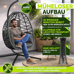 tillvex® Hangstoel met frame, outdoor en weerbestendige afdekking incl. bevestiging, inklapbare hangmand tot 150 kg, hangstoel van rotan, hangstoel voor binnen, tuin, balkon, terras (antraciet) •