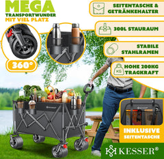 KESSER® Bolderkar, GTR9000, handwagen, 200 kg, 200 liter, opvouwbaar, extra brede 360° wielen en parkeerremmen, weerbestendig, strandwagen, incl. afdekking, zijzak en bekerhouder