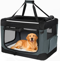 Hondenbox, opvouwbaar, draagbare en ademende 3-deurs hondentransportbox, opvouwbaar, met reflecterende versieringen en opbergtas, binnen en buiten, grijs, 106,7 x 71,2 x 71,2 cm