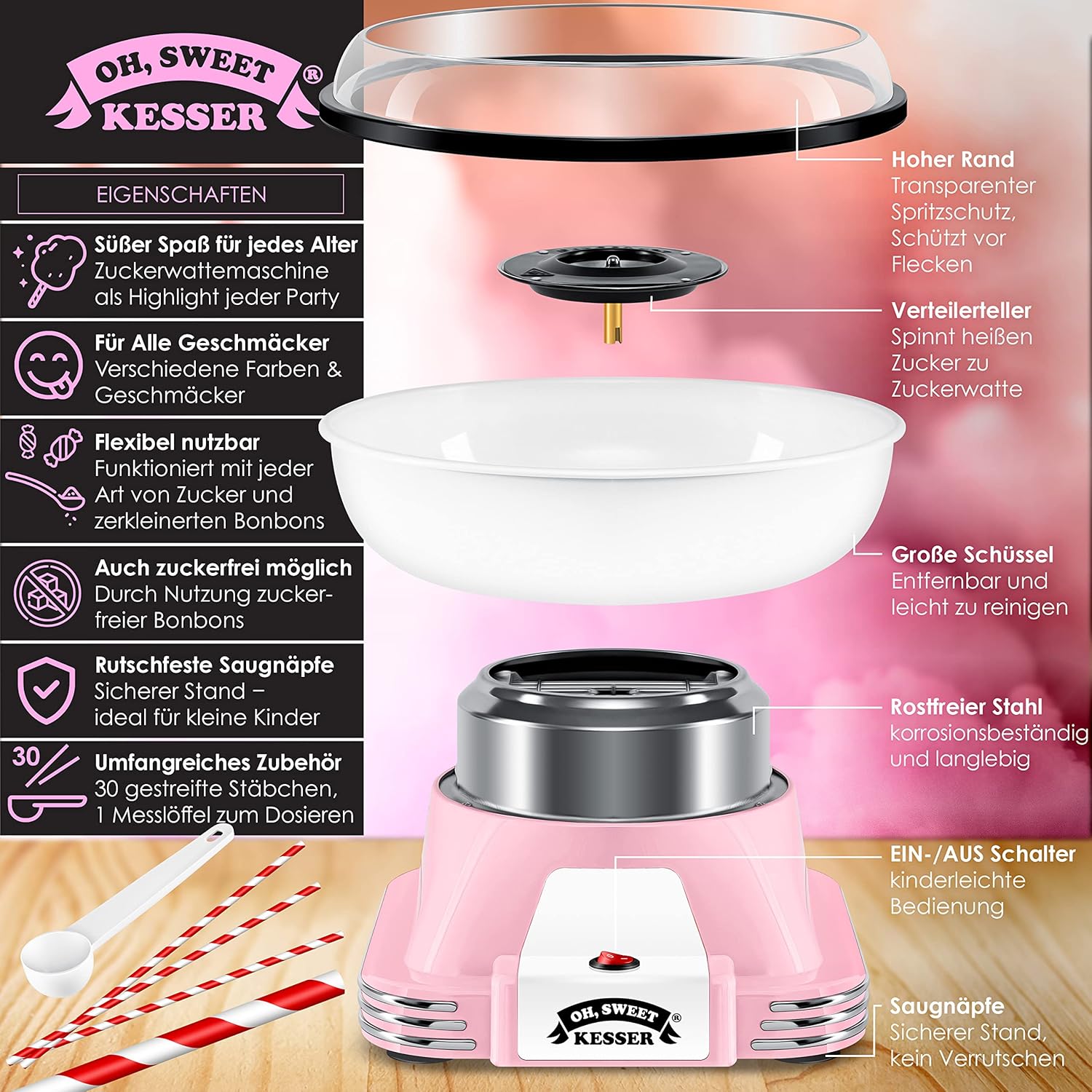 KESSER® Suikerspinmachine - Retro - 500W - Roze/Wit