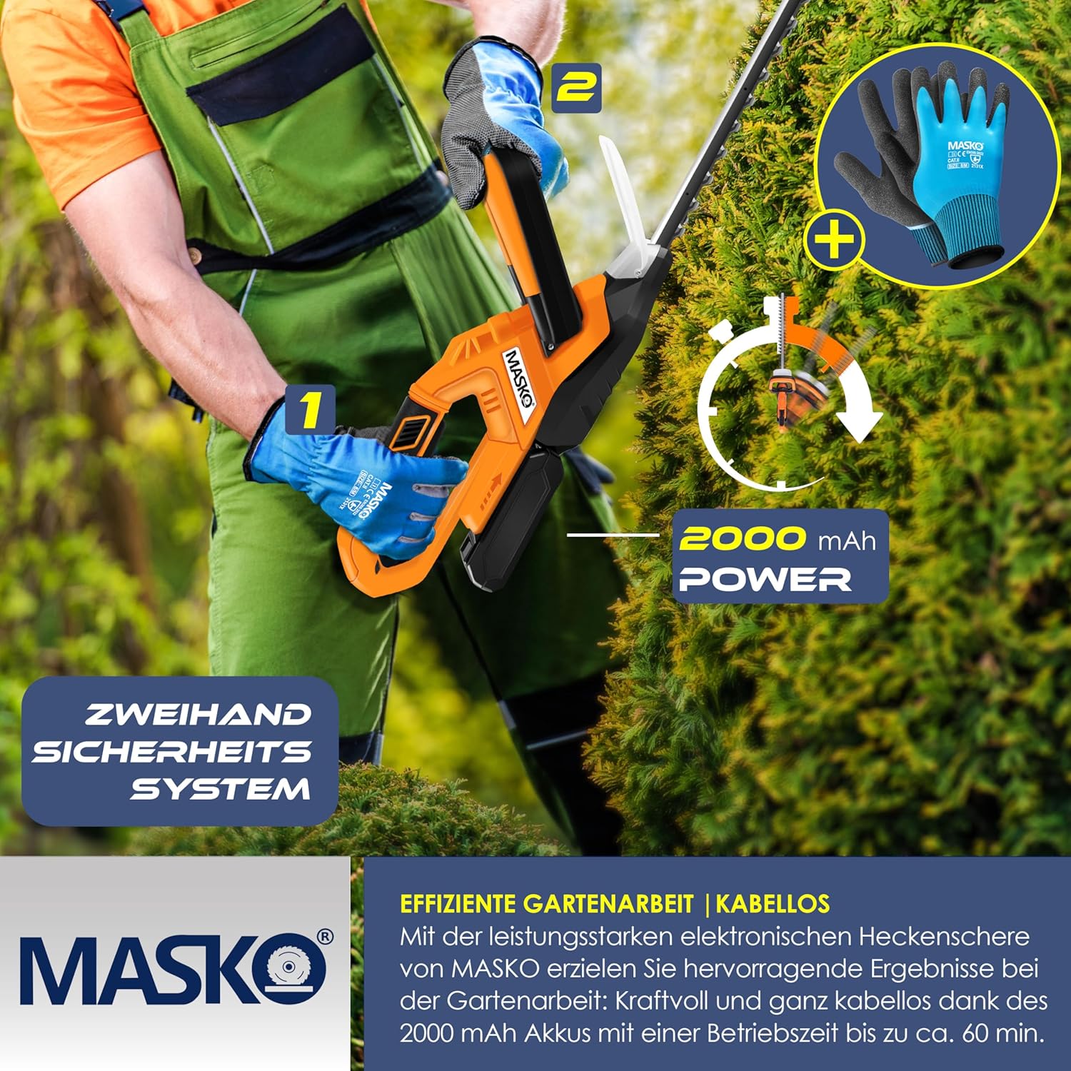 MASKO® Accu Heggenschaar - 57cm snijlengte - Oranje