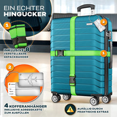 tillvex® Reiskofferset 4-delig + bagageweegschaal, 8 x kofferriemen en 4 x kofferaanhangers, kofferset 4 wielen, trolley, bagage, koffer, TSA-slot, kofferset met harde schaal, S-M-L-XL, turquoise