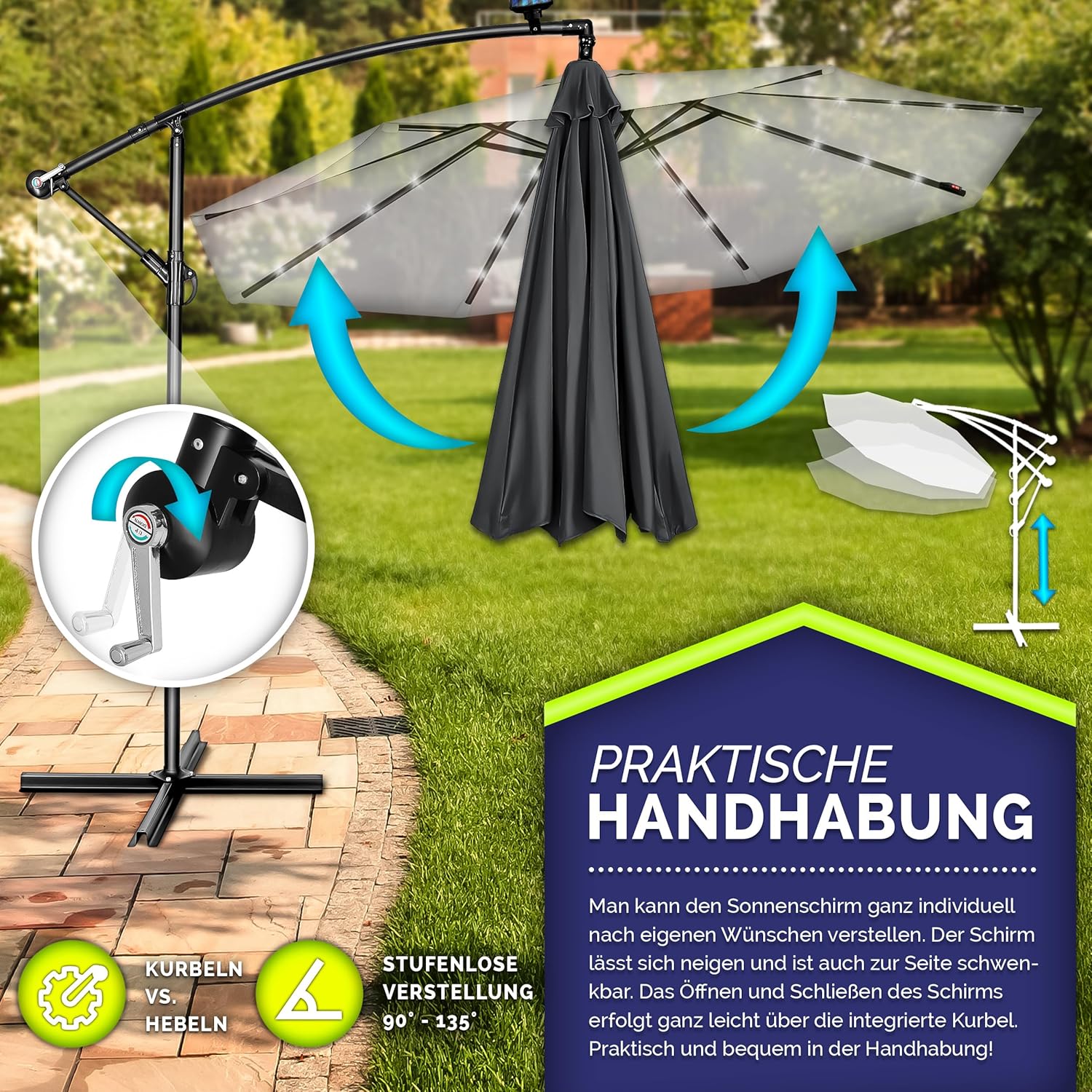 Tillvex® LED Parasol - Zweefparasol - Ø300cm - 360° Draaibaar - Antraciet •