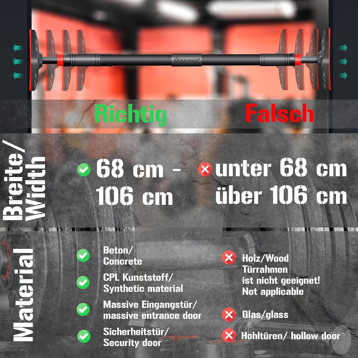 KESSER® Optrekstang - Pull-up bar - Zonder schroeven - 68-106 cm - Zwart