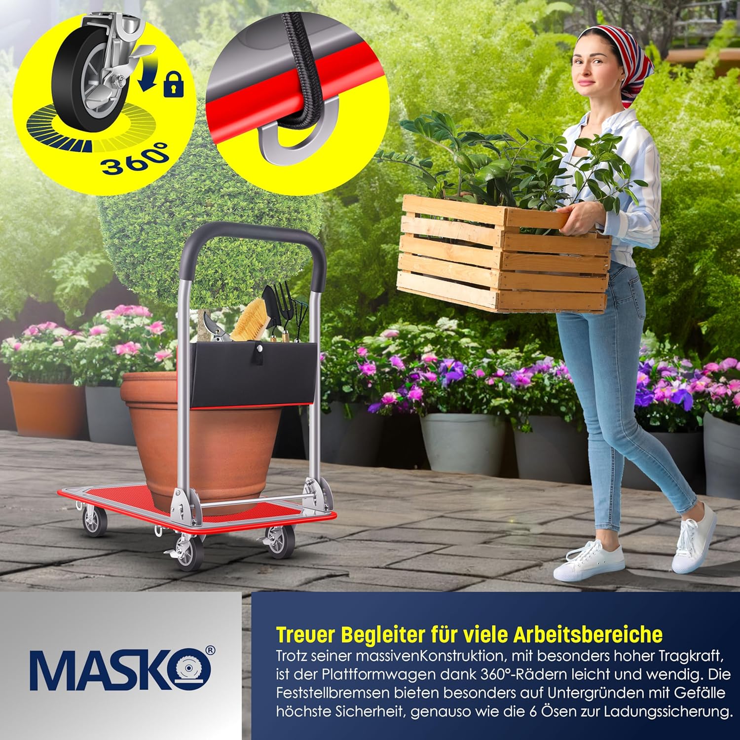 MASKO® Platformwagen, transportwagen, magazijnwagen, inklapbaar, incl. werkhandschoenen, parkeerrem, transporthulp, met 6 veiligheidsogen, 360° zwenkwielen, pakketwagen vouwwagen (rood, 150 kg)