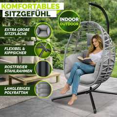 tillvex® Hangstoel met frame, outdoor en weerbestendige afdekking incl. bevestiging, inklapbare hangmand tot 150 kg, hangstoel van rotan, hangstoel voor binnen, tuin, balkon, terras (grijs)