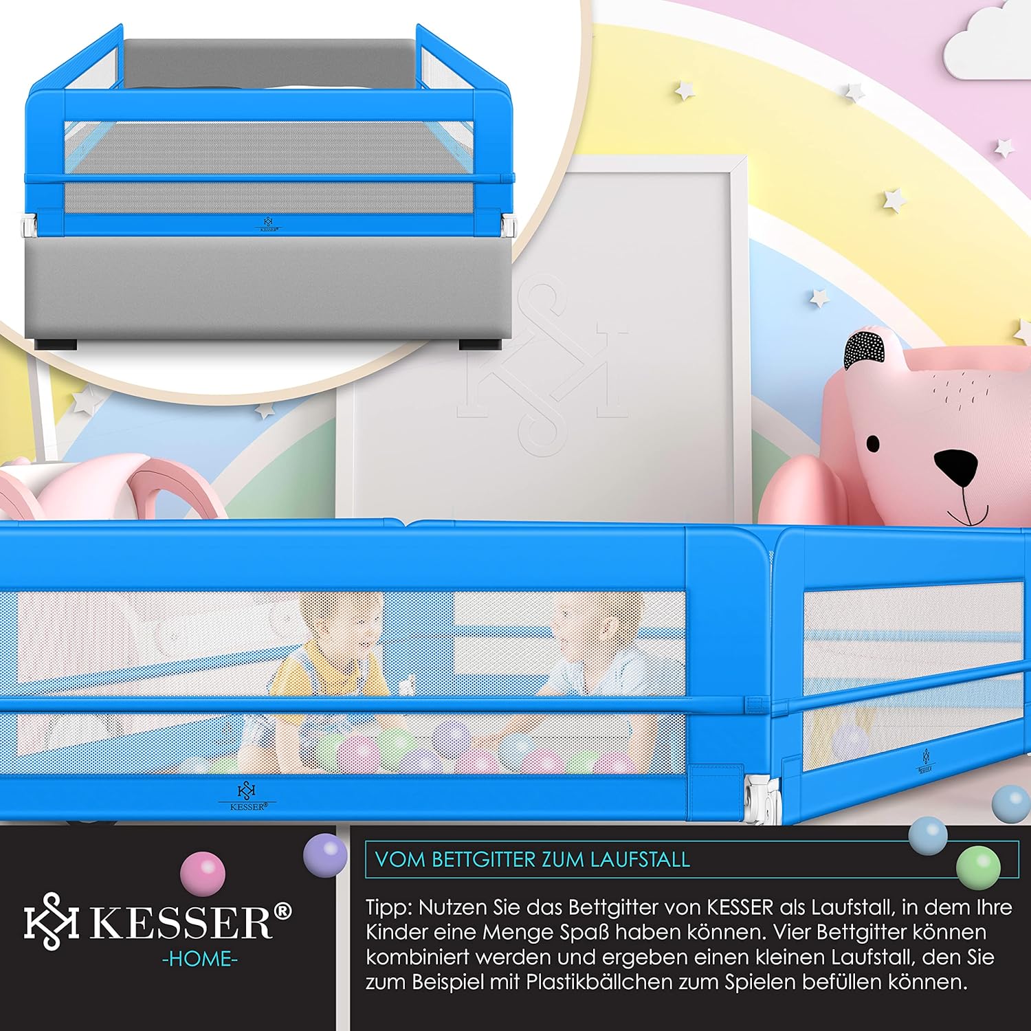 KESSER® Bedhek, 200 cm, bedhek, kinderbedhek, kinderbedhek, inklapbaar, draagbaar, kinderbedbeschermingshek, valbeveiliging, bed en ouderbed hoog: 42 cm, blauw