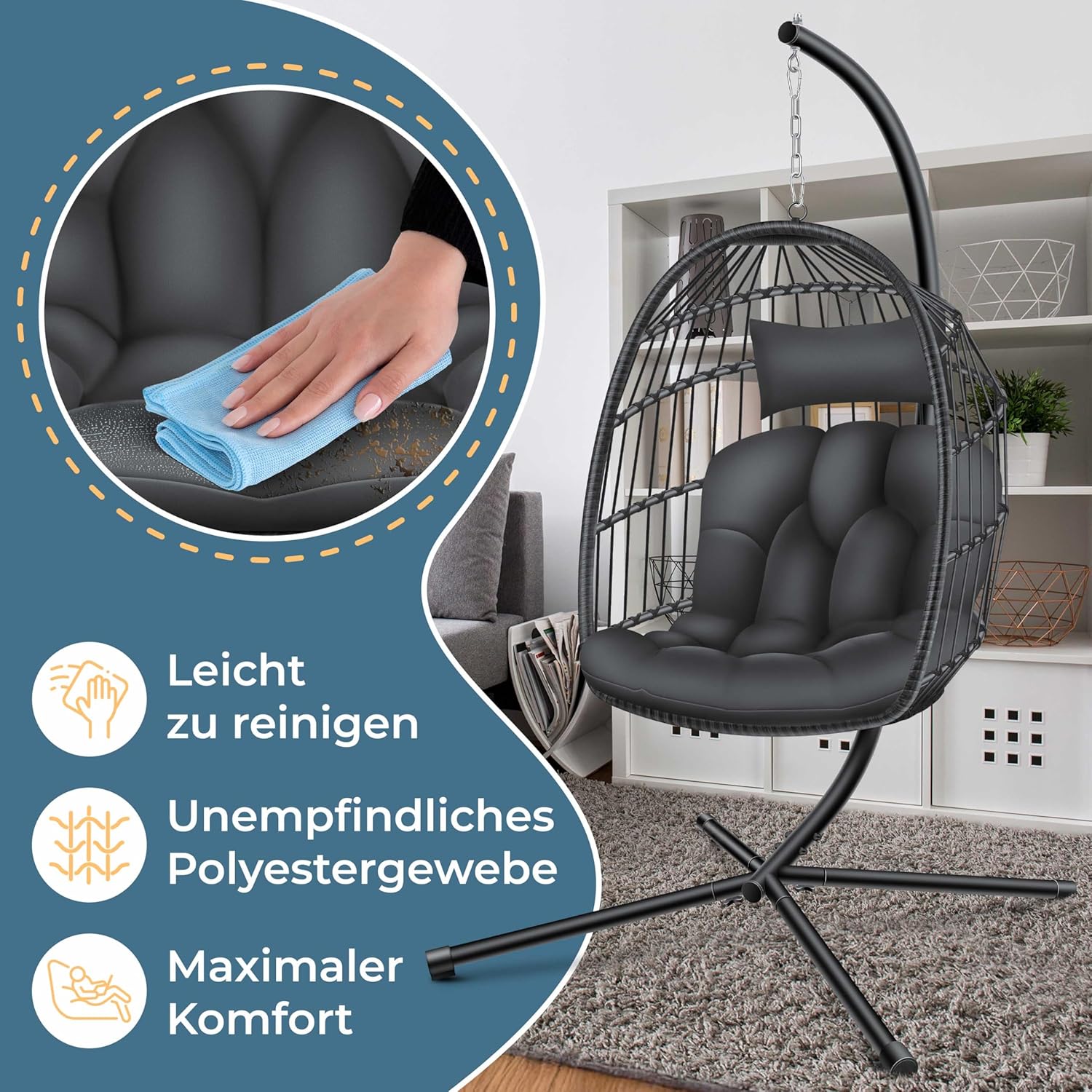 KESSER® Egg Hangstoel met Standaard - Tot 150kg - Antraciet
