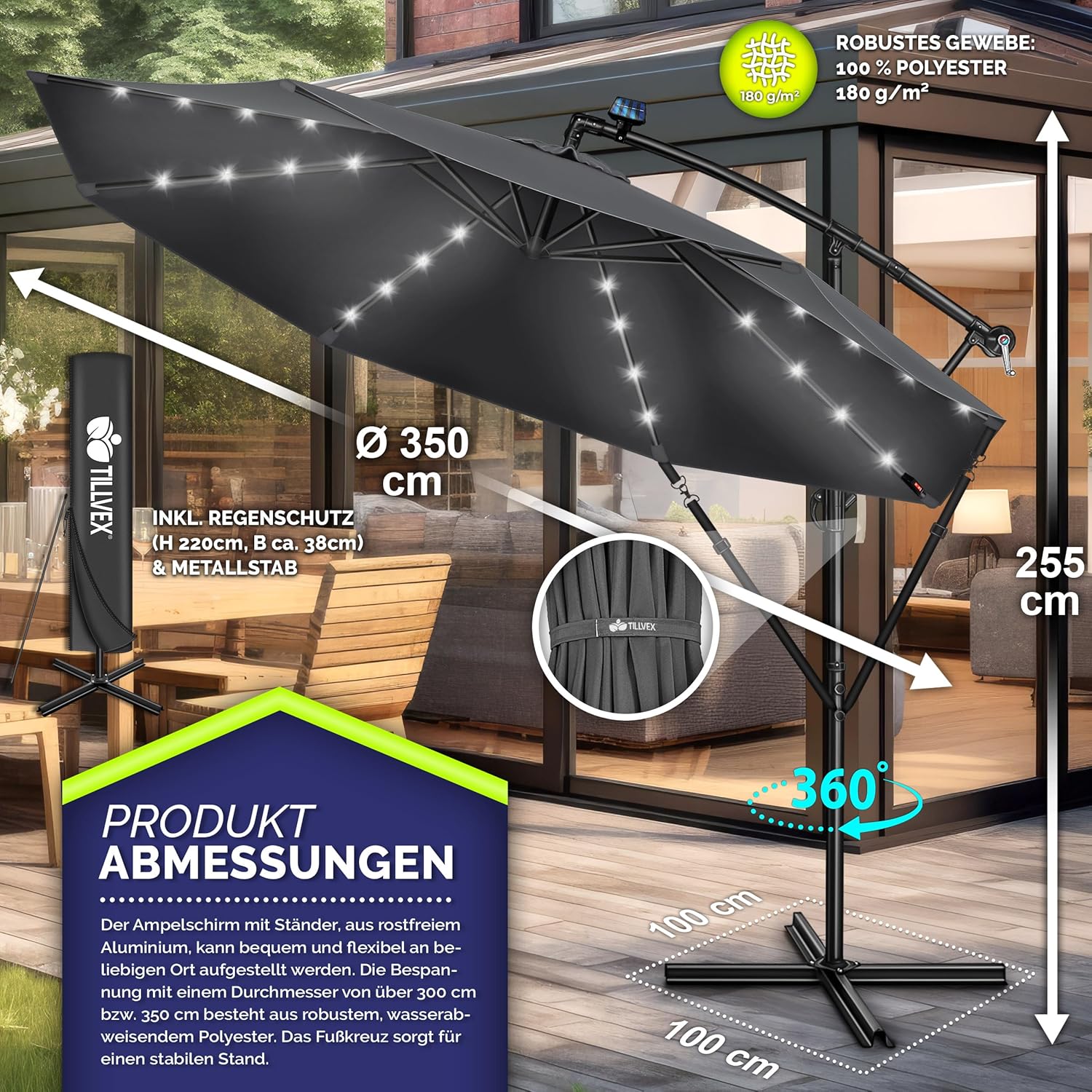 Tillvex® LED Parasol - Zweefparasol - Ø300cm - 360° Draaibaar - Antraciet •