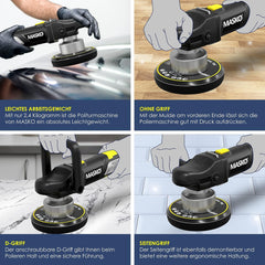 MASKO® Polijstmachine XXL-set 900 W excentrische polijstmachine 6 snelheden hoekpolijstmachine met 5 polijstsponzen 150 mm + tas afneembare D-handgreep en zijgreep, 3 m kabel, polijsten auto boot