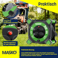Masko® Kabelhaspel 20 m, verlengkabel met geaarde stopcontacten en wikkelgreep, outdoor kabelhaspel thermobescherming, apparaattrommel IP44, 1000 W ~ 3000 W, inclusief draaggreep en