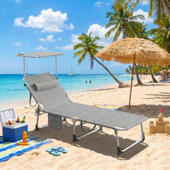 Ligstoel inklapbaar met dak, tuinligstoel 194 x 67,5 x 29 cm, ligstoel met verstelbare rugleuning en hoofdkussen, opvouwbare campingligstoel voor strand, zwembad, tuin, tot 120 kg, linnen